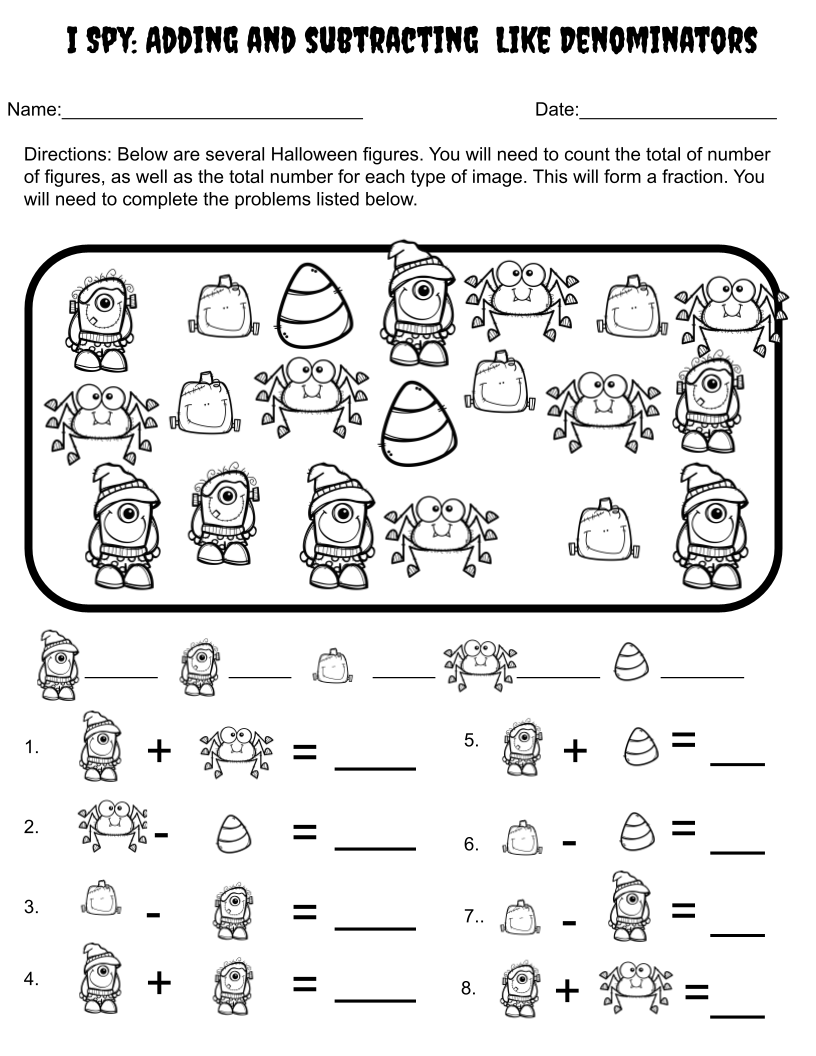 Halloween Adding And Subtracting Fractions With Like Denominators Made By Teachers