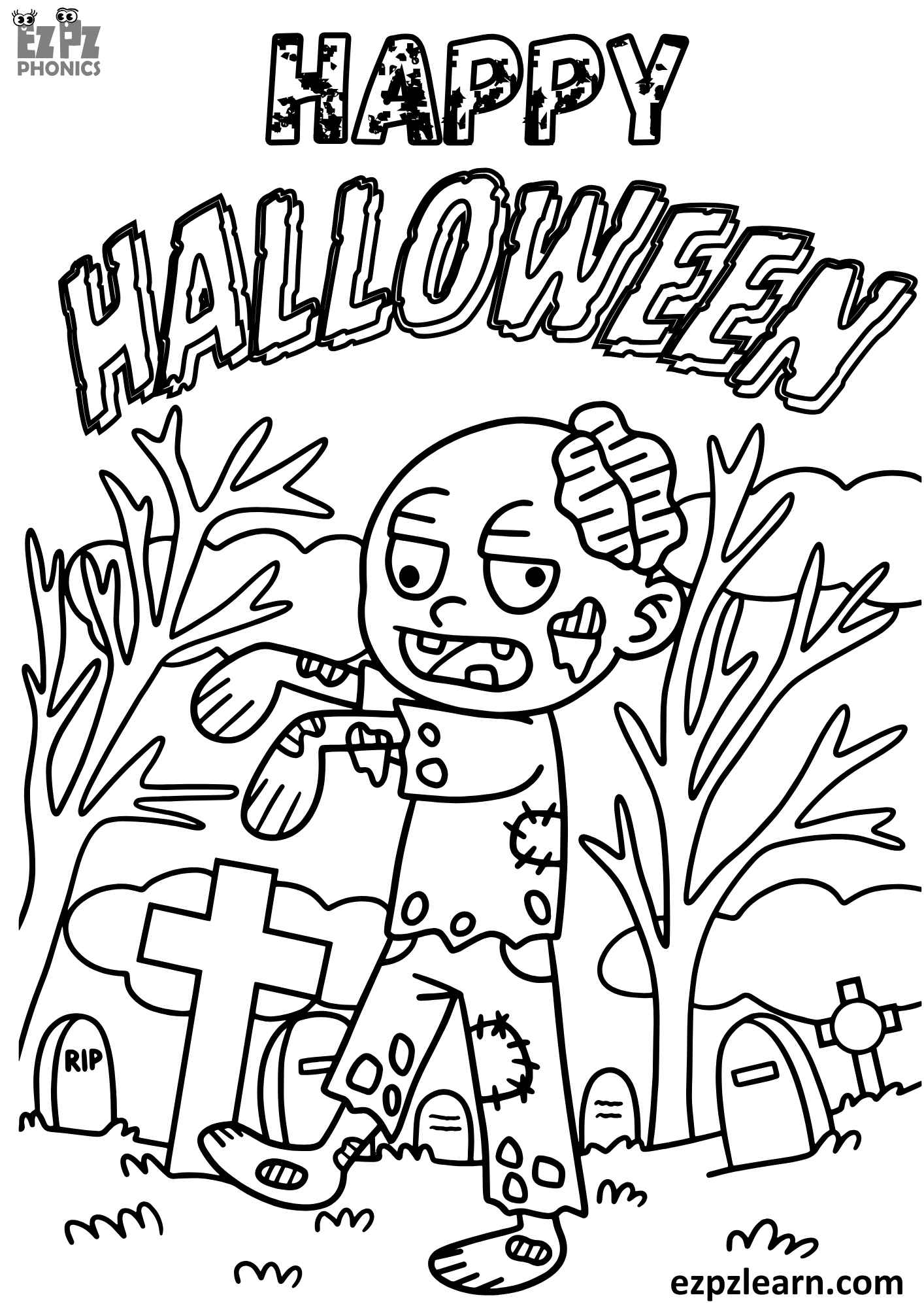 Happy Halloween Coloring Page Zombie Free Printable PDF Download Ezpzlearn