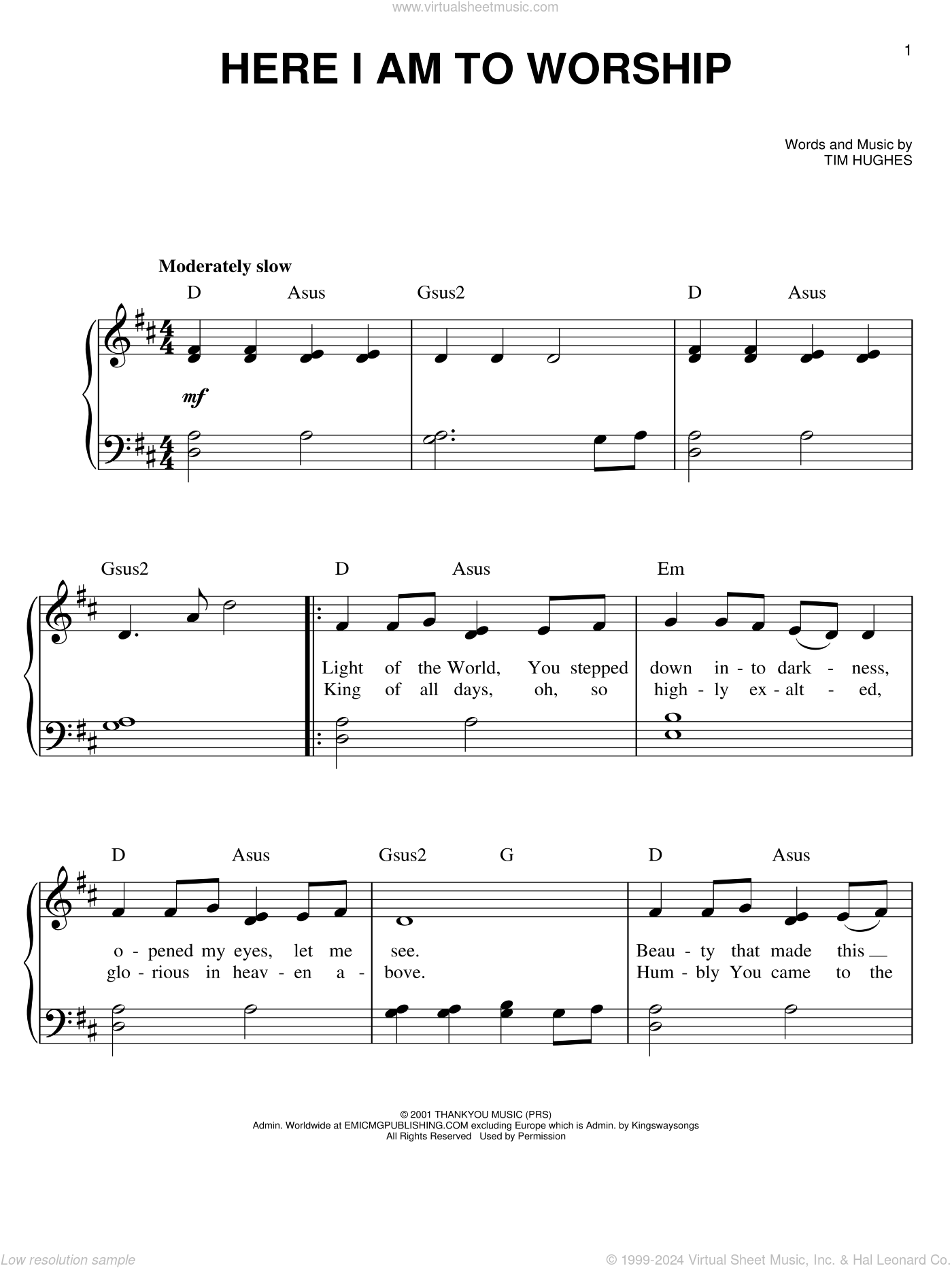 Here I Am To Worship Sheet Music easy Version 2 For Piano Solo