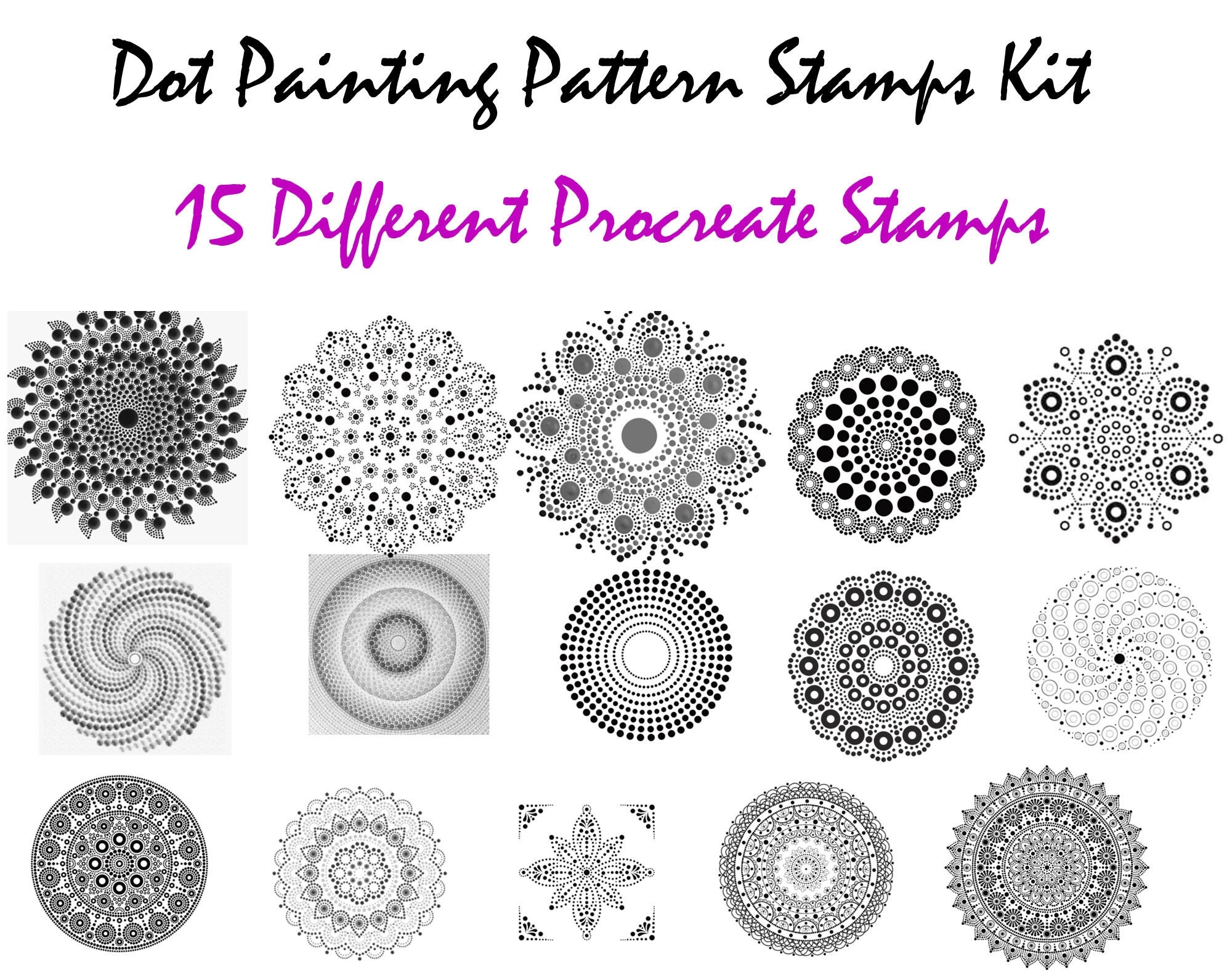 Huge Dot Painting Pattern Template Stamp Kit 15 Different Patterns For Rock Painting Dot Painting Mandala Templates Procreate Digital Art Etsy