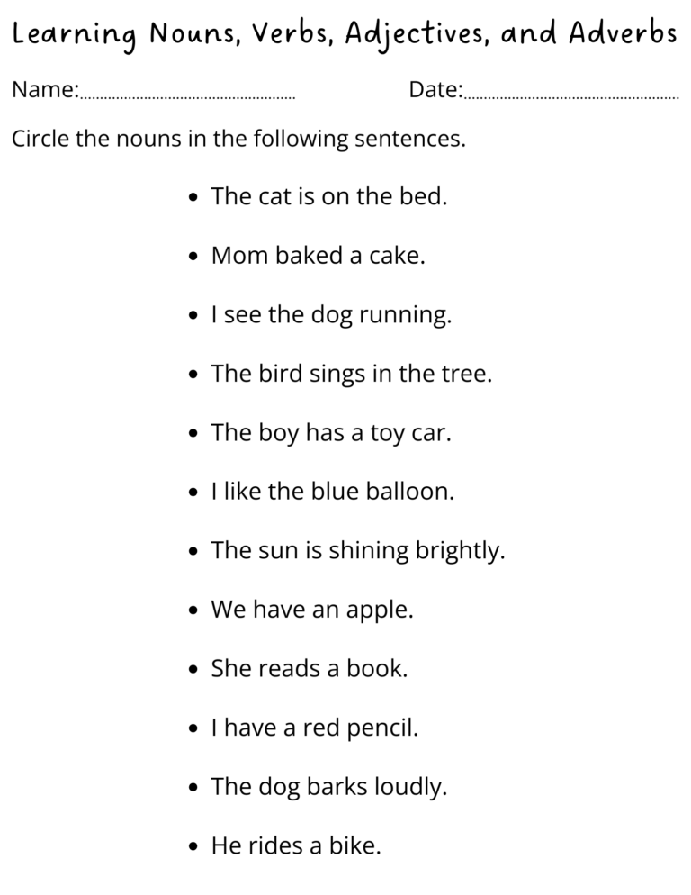 Identifying Nouns Verbs And Adjectives In Sentences Worksheets Made By Teachers