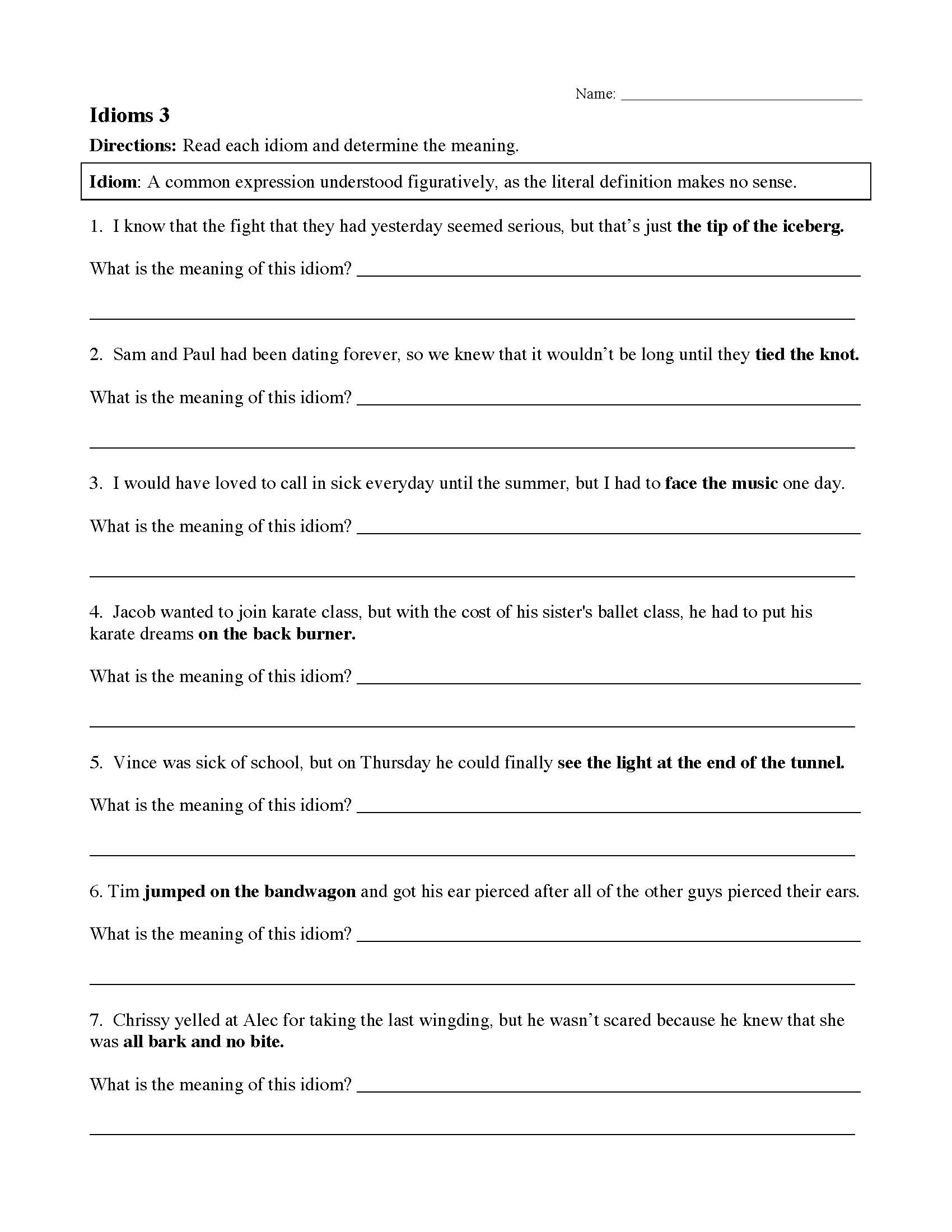 Idiom Worksheet 3 Reading Activity