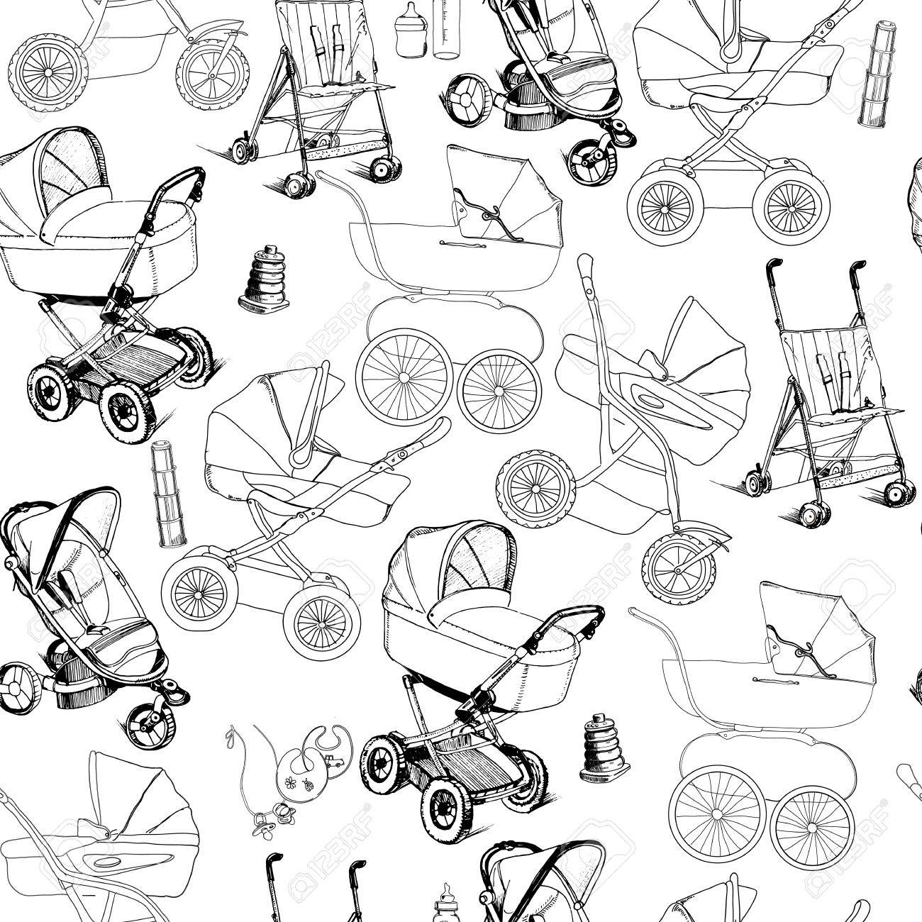 Illustration Of Hand Drawn Seamless Pattern Of Baby Prams Carriages And Strollers Template For Wrapping Paper Wallpaper Newspaper And Printable Royalty Free SVG Cliparts Vectors And Stock Illustration Image 64934661