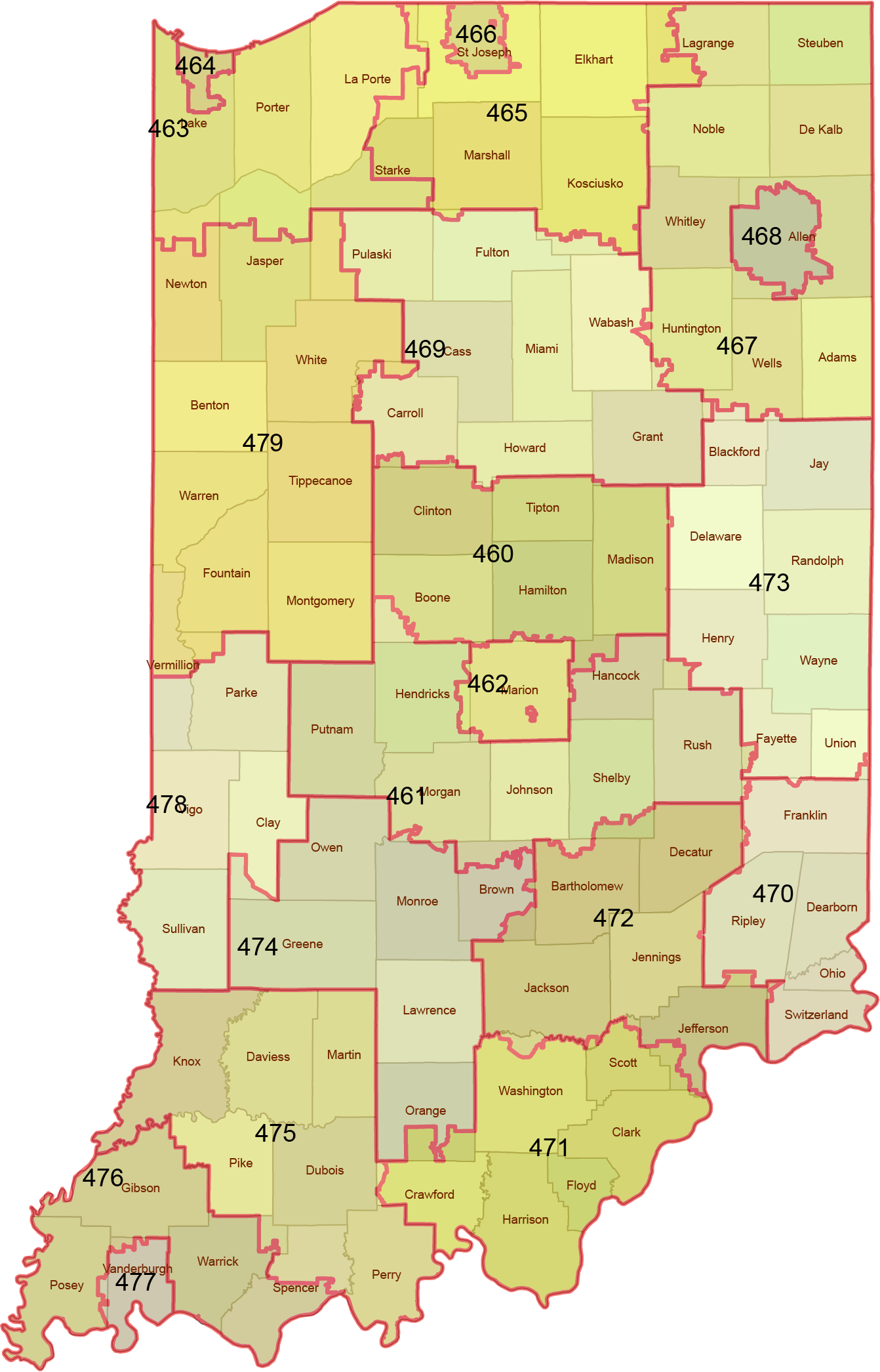 Indiana 3 Digit ZIP Code Map With Counties