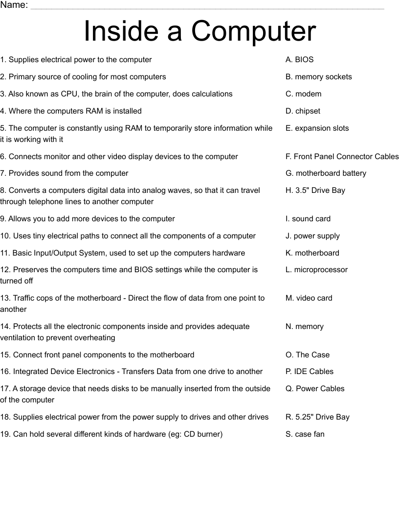 Inside A Computer Worksheet WordMint Inside A Computer Worksheet WordMint