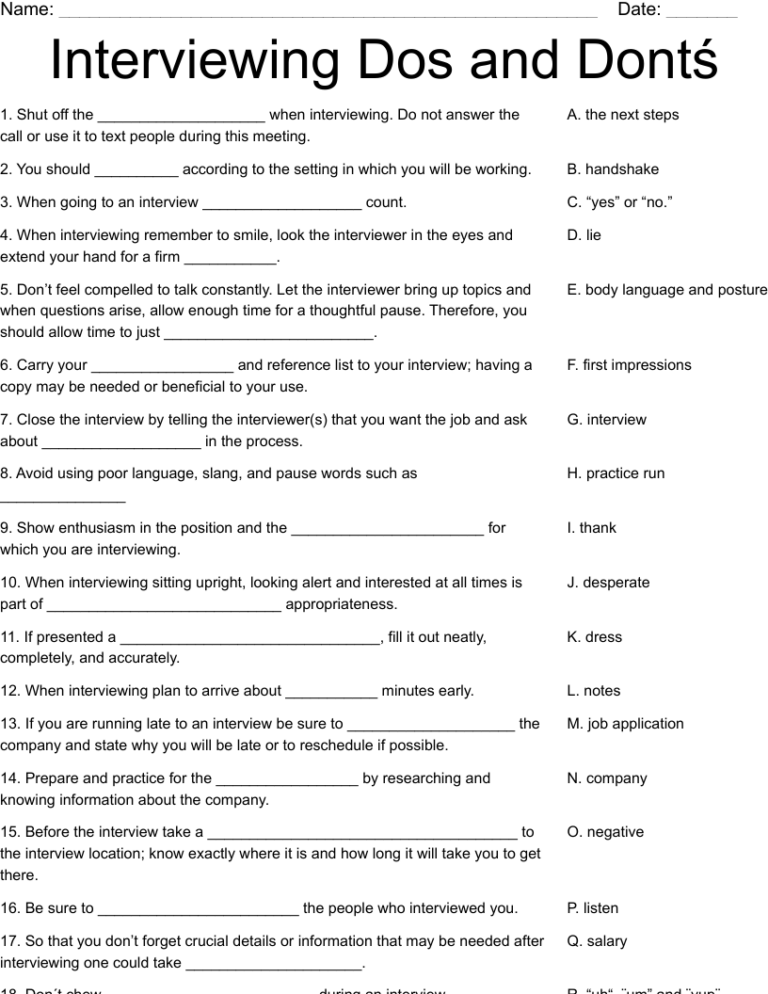 Interviewing Dos And Dont Worksheet WordMint