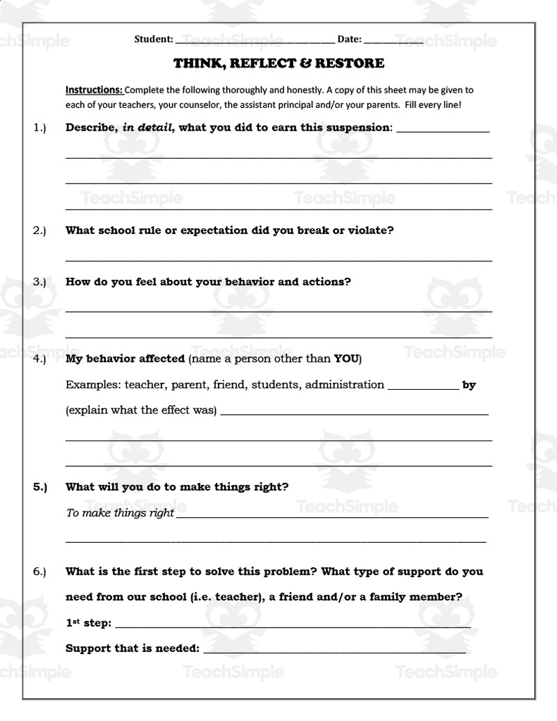 ISS Behavior Reflection Sheet Worksheets Library