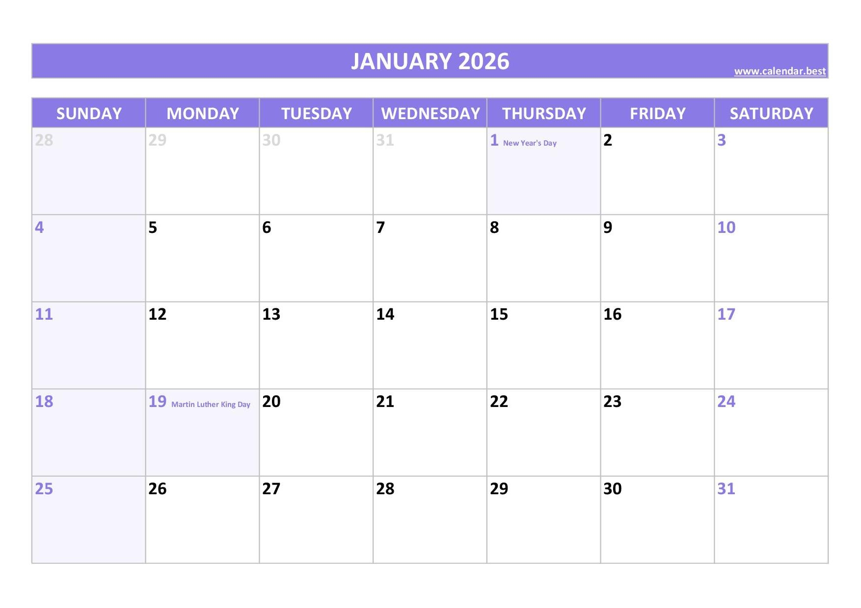 January 2026 To June 2026 Calendar Printable