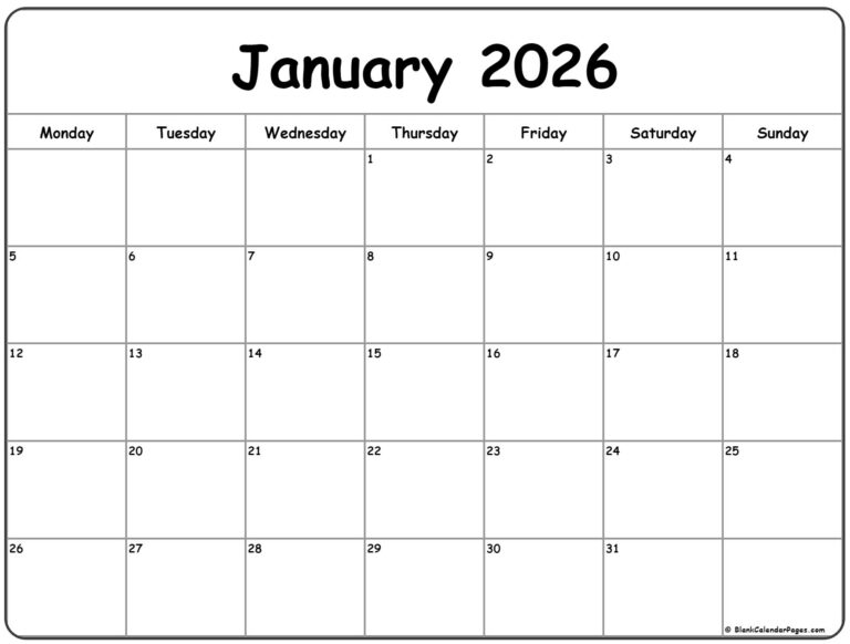 January 2026 Monday Calendar Monday To Sunday