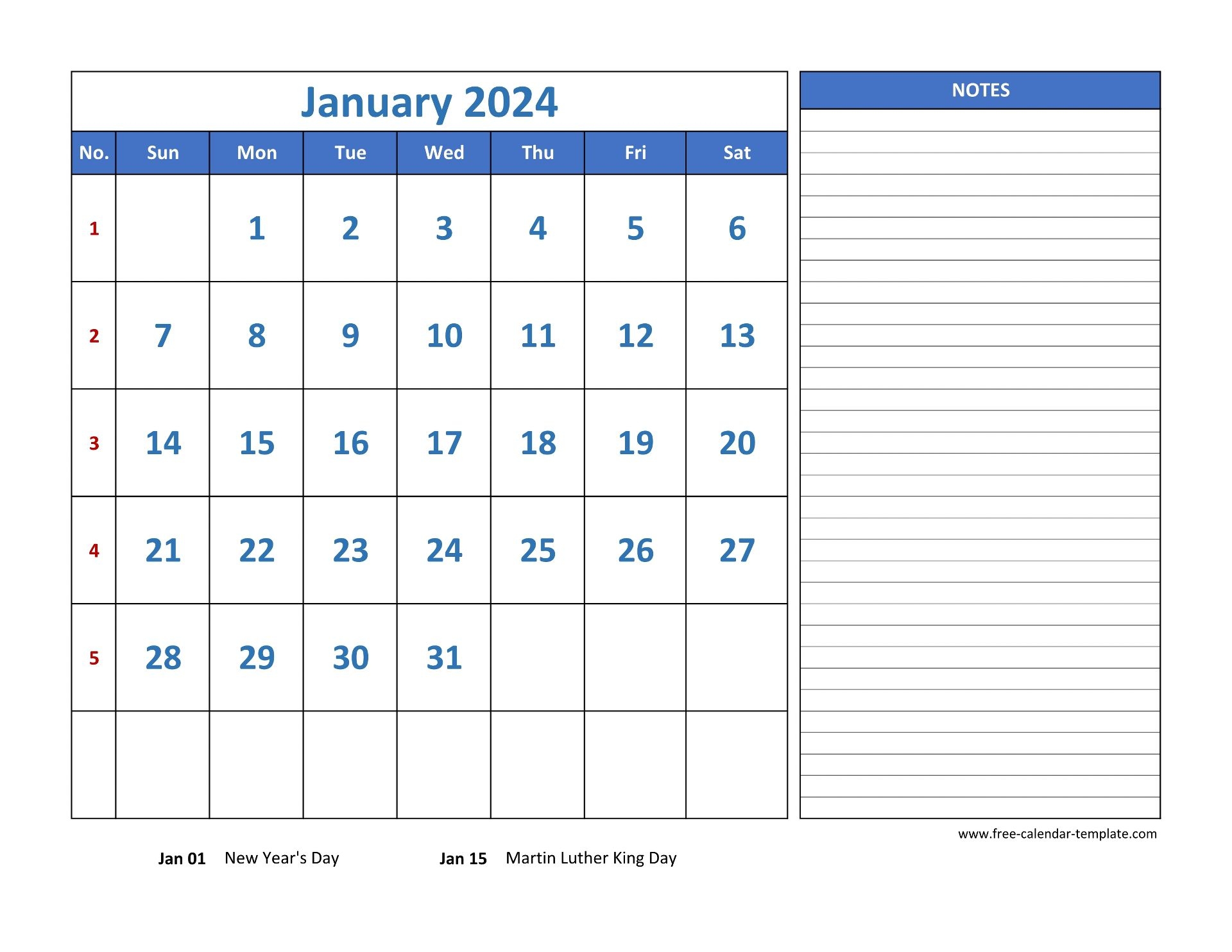 January Calendar 2024 Grid Lines For Holidays And Notes horizontal Free Calendar template