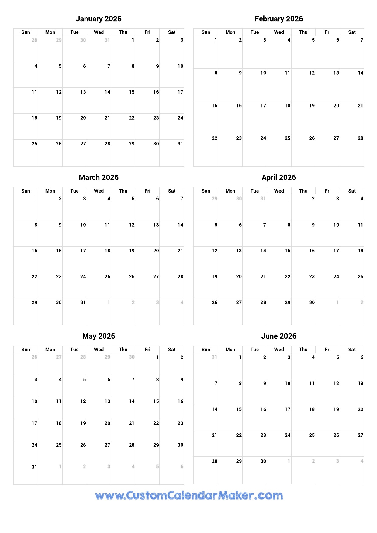 January To June 2026 Printable Calendar Custom Calendar Maker January To June 2026 Printable Calendar Custom Calendar Maker