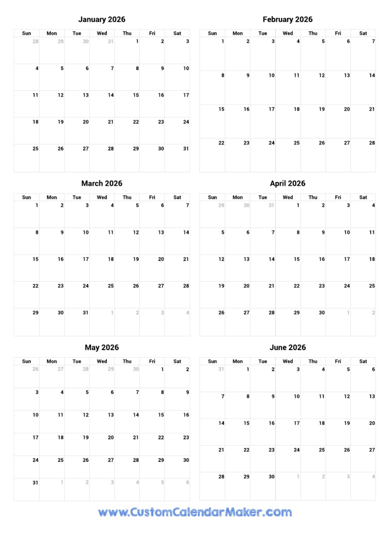 January To June 2026 Printable Calendar Custom Calendar Maker