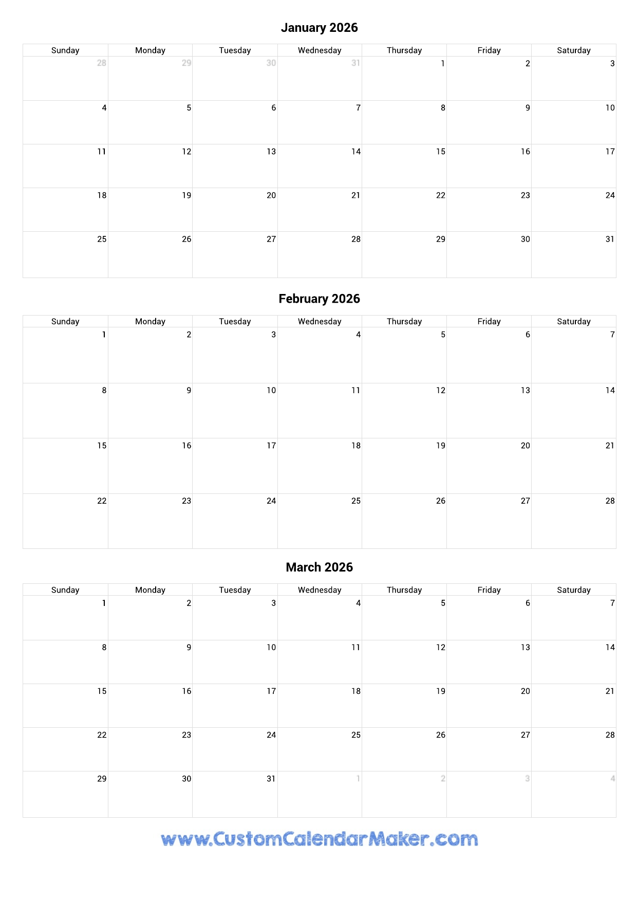 Printable 3 Month Calendar 2026
