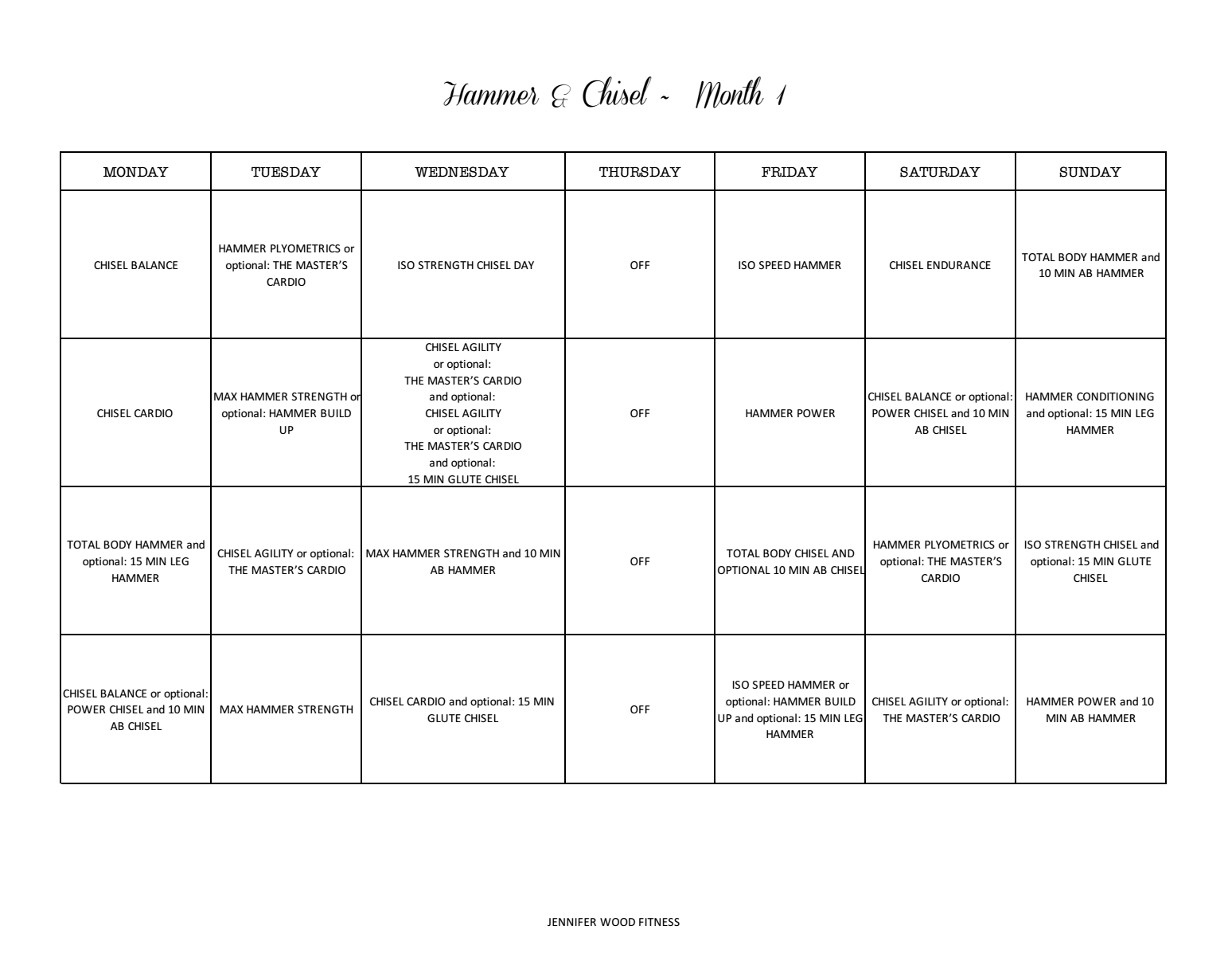 Jennifer Wood Fitness Hammer And Chisel Workout Printable Schedule Worksheets Library