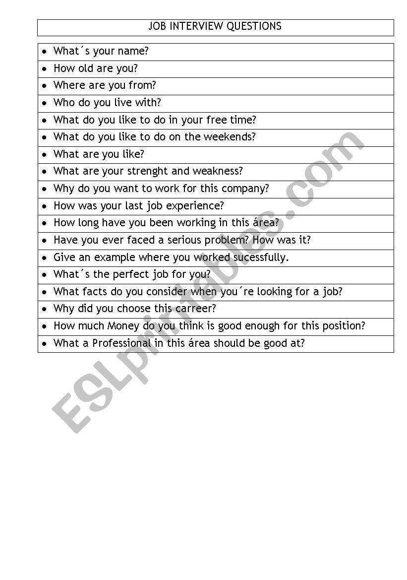Job Interview Questions ESL Worksheet By Teacherlila Worksheets Library