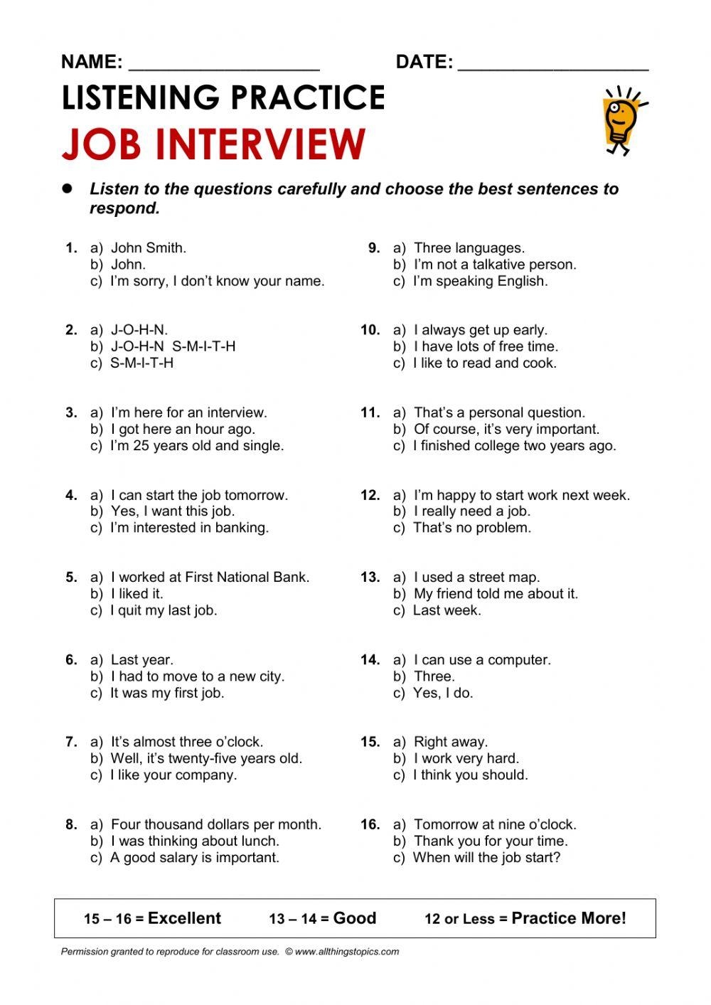 Job Interview Worksheet Worksheets Library