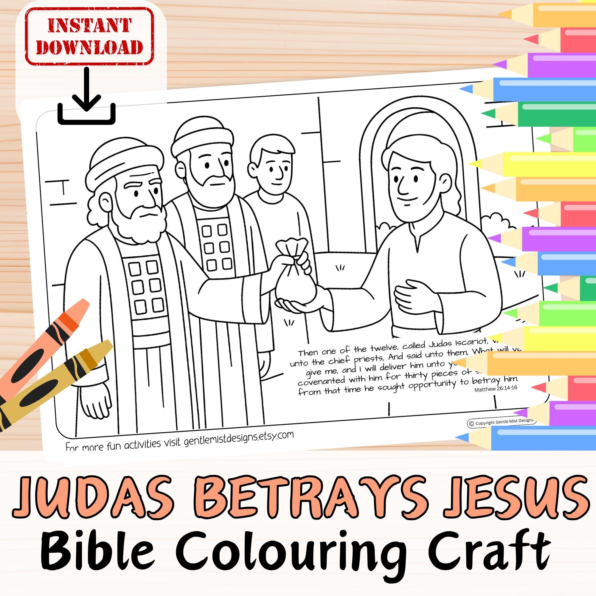 JUDAS BETRAYS JESUS 30 Pieces Of Silver Bible Verse Coloring In Sheet Activity For Kids Sunday School Christian Story Printable Craft Page Etsy Israel