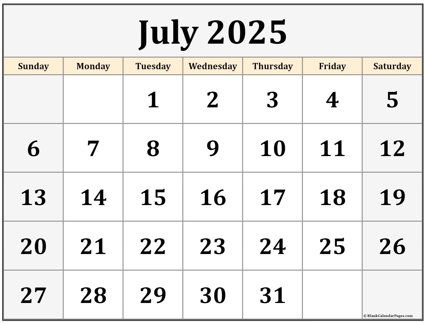 Free Printable Monthly Calendar July 2025