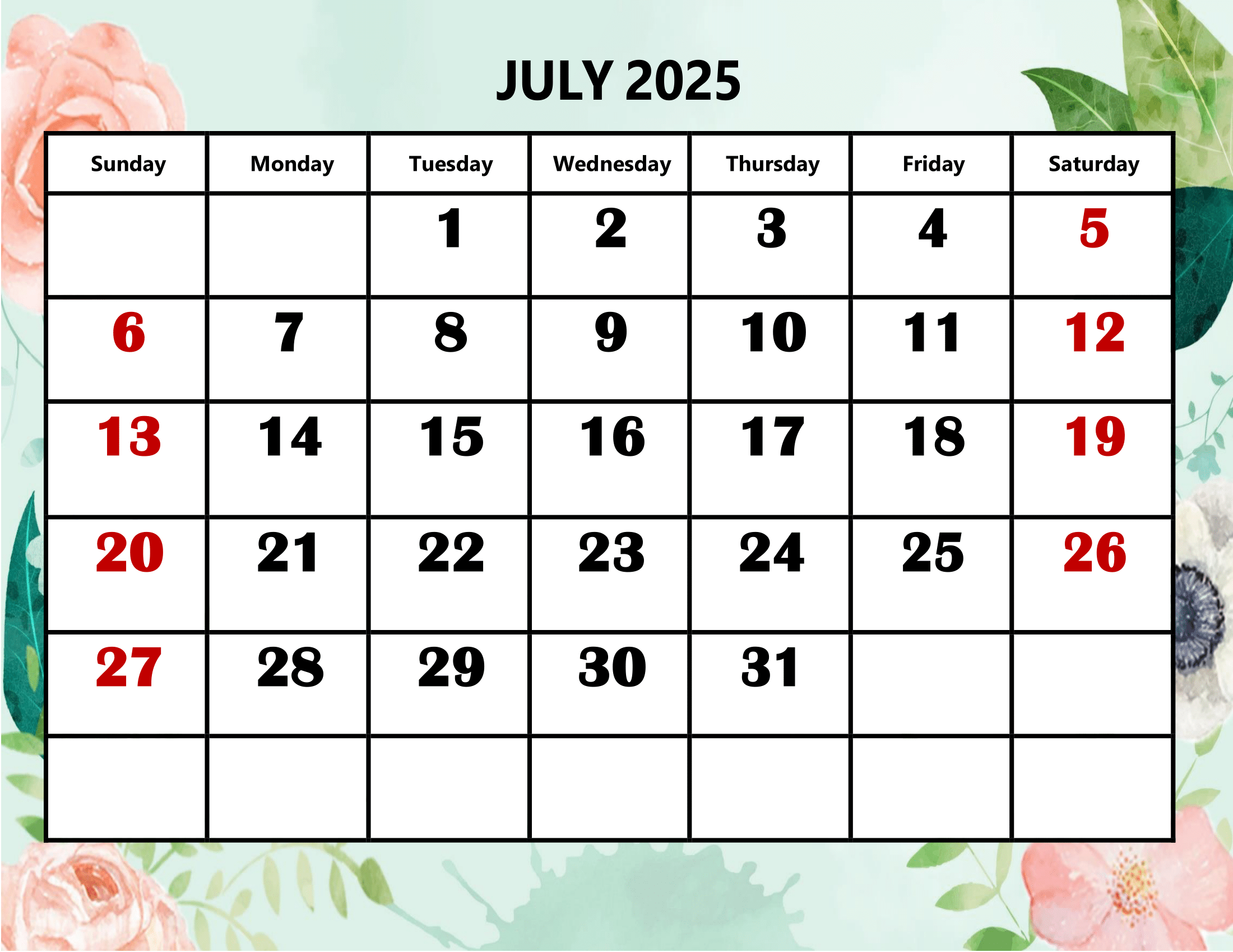 July 2025 Calendar Printable PDF Template With Holidays