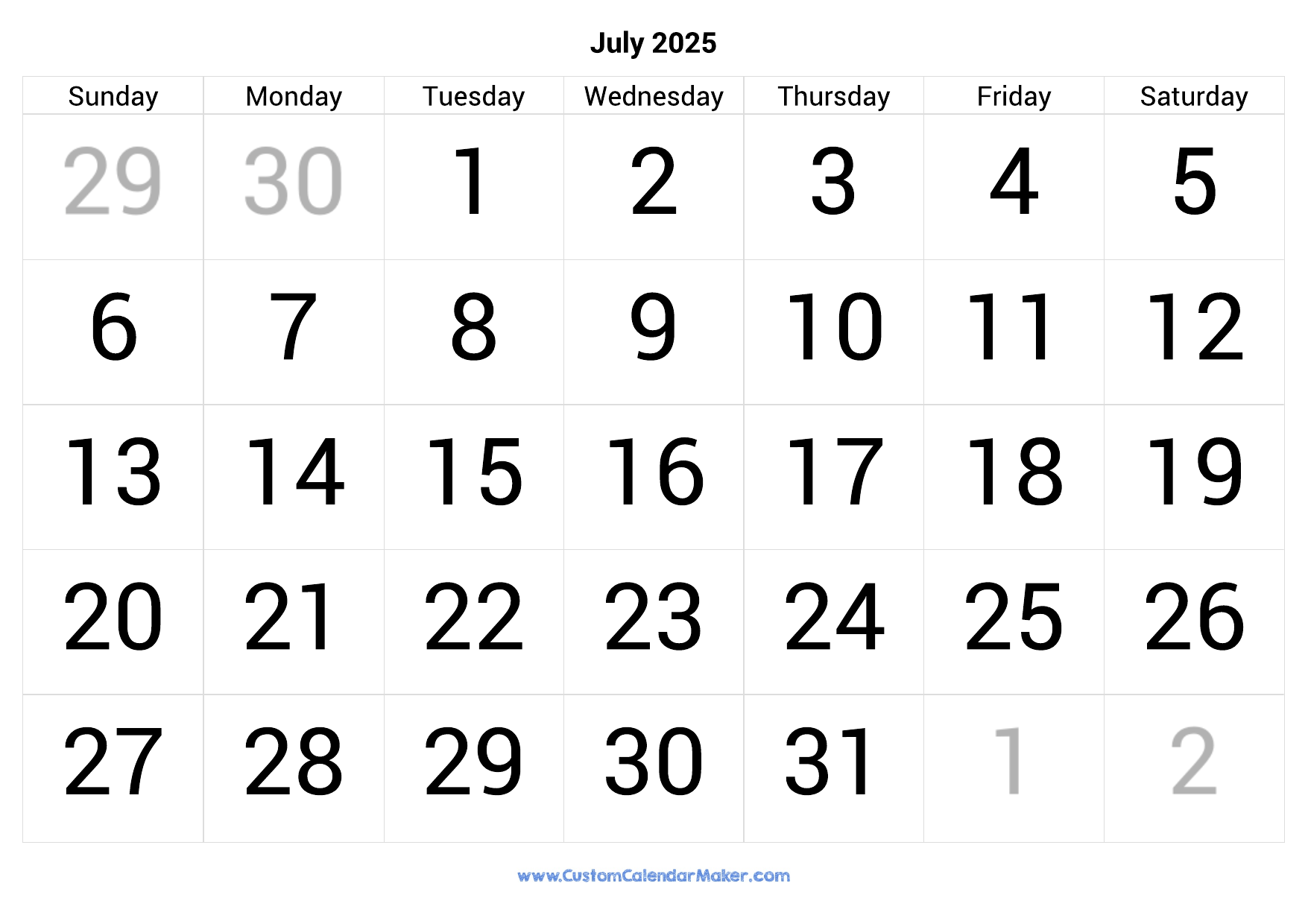 July 2025 Calendar Printable With Large Numbers Custom Calendar Maker