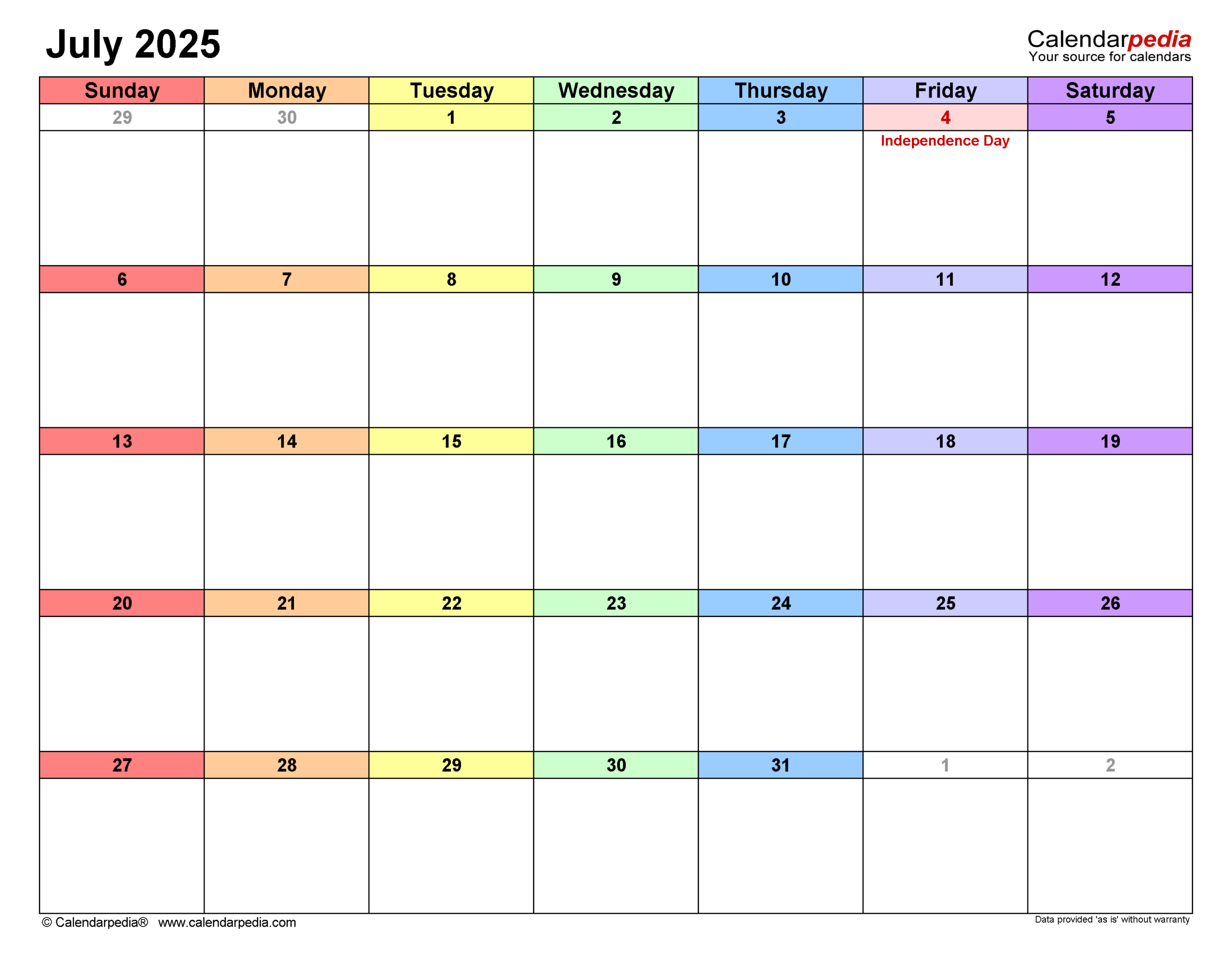 July 2025 Calendar Editable