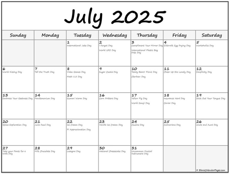 July 2025 With Holidays Calendar