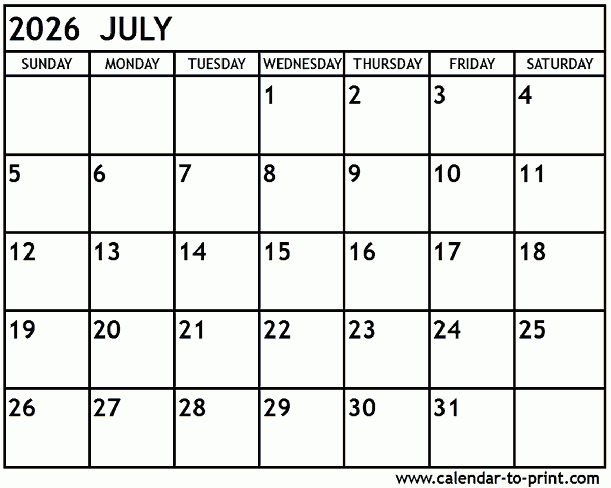 July 2026 Calendar Printable July 2026 Calendar Printable
