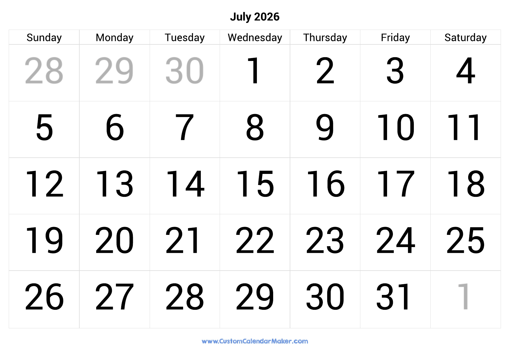 July 2026 Calendar Printable With Large Numbers Custom Calendar Maker