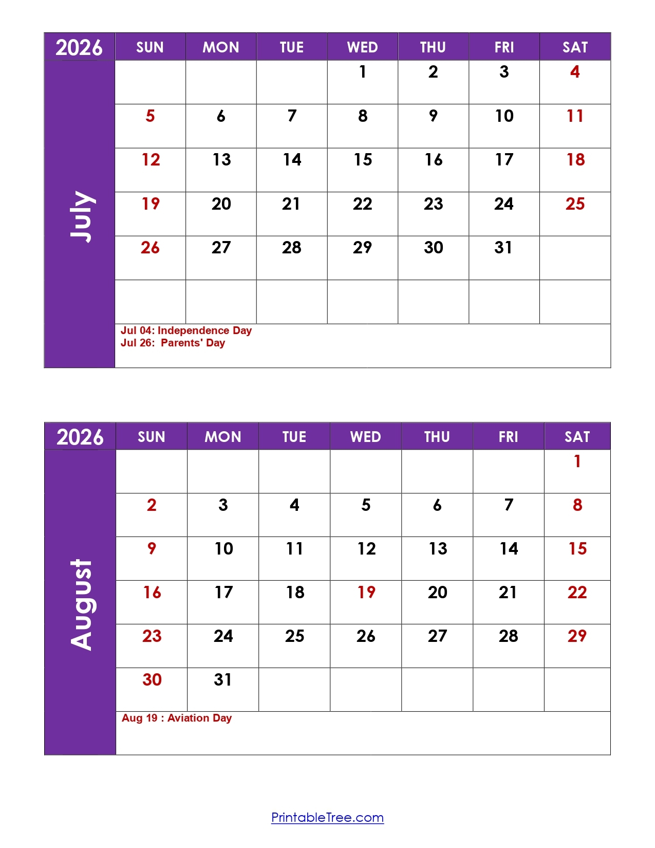 August 2026 Calendar With Holidays Printable