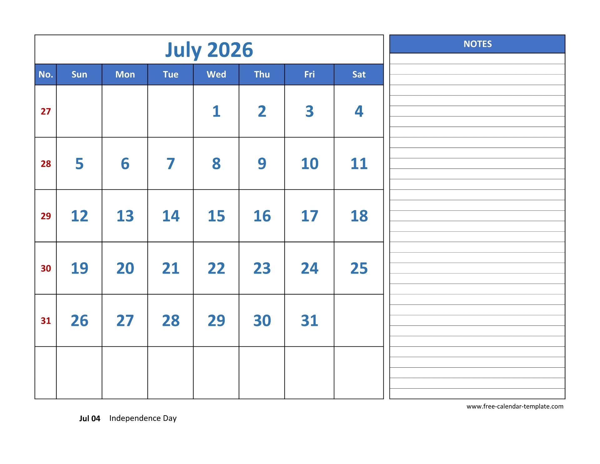 Blank July 2026 Calendar Printable Pdf