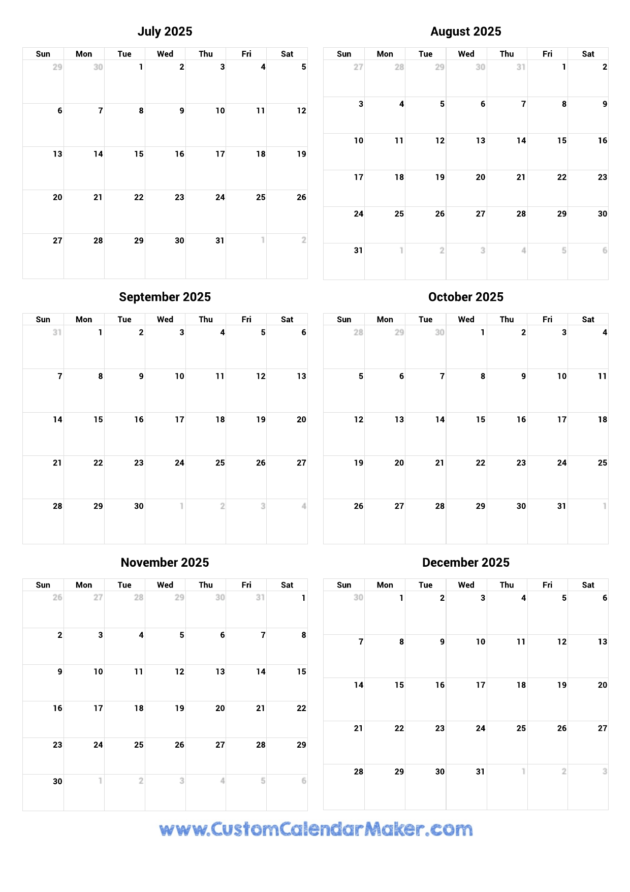 July To December 2025 Printable Calendar Custom Calendar Maker