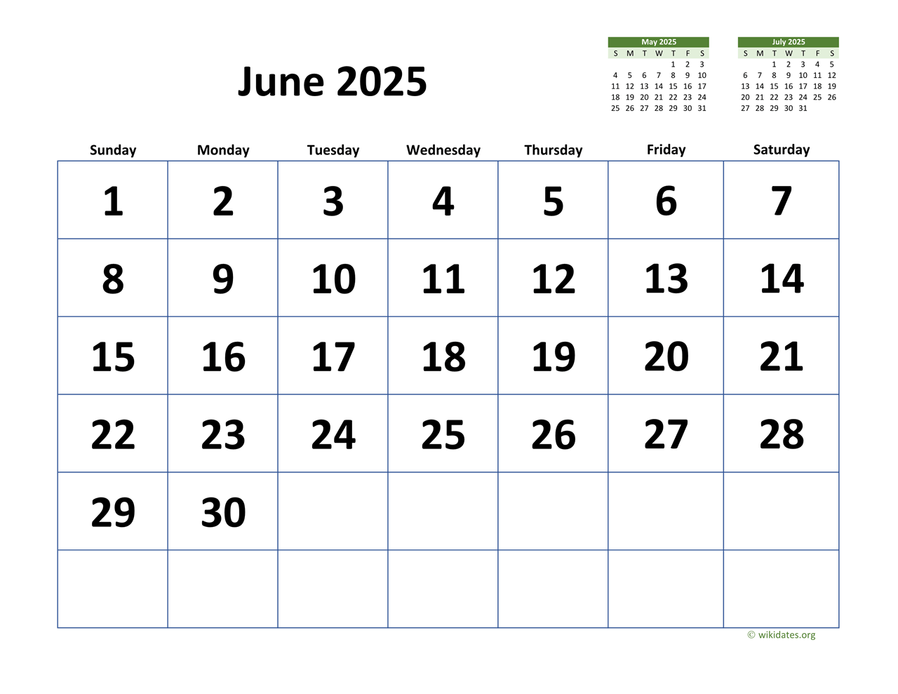 June 2025 Calendar With Extra large Dates WikiDates