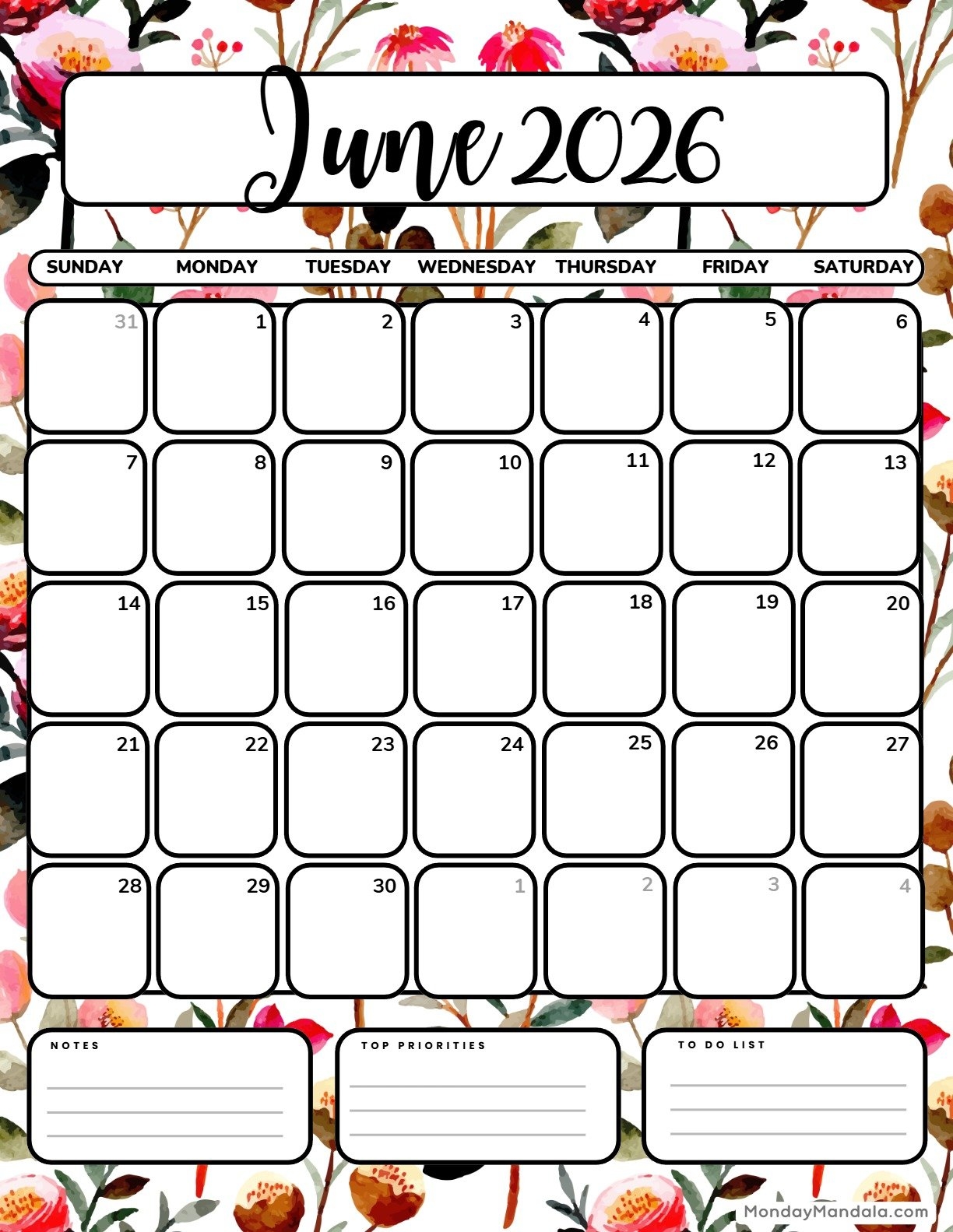 June 2026 Calendar Printable With Notes