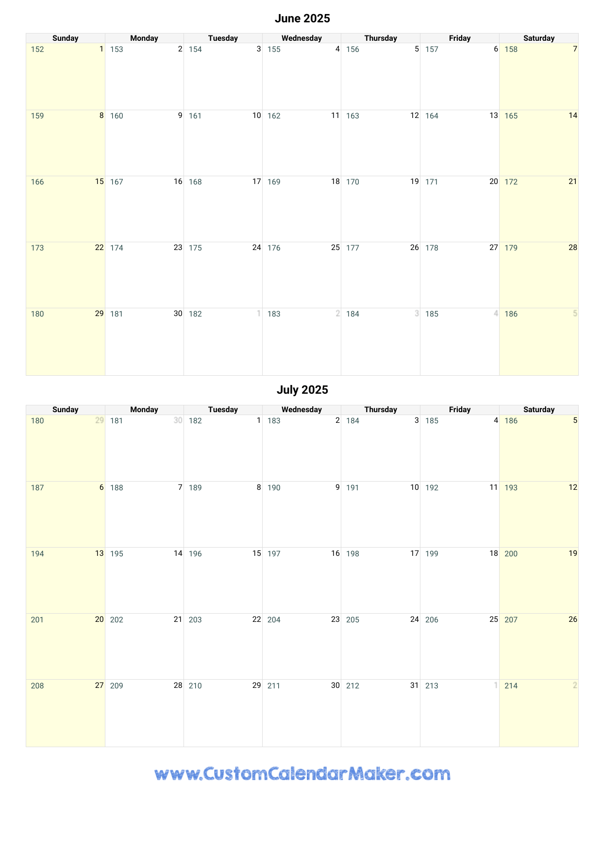 June And July 2025 Calendar Custom Calendar Maker