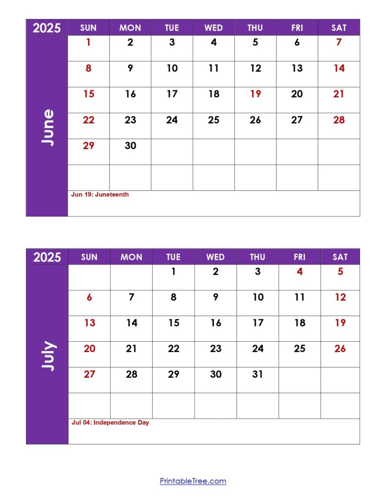 June And July 2025 Calendar Printable PDF Two Months Calendar