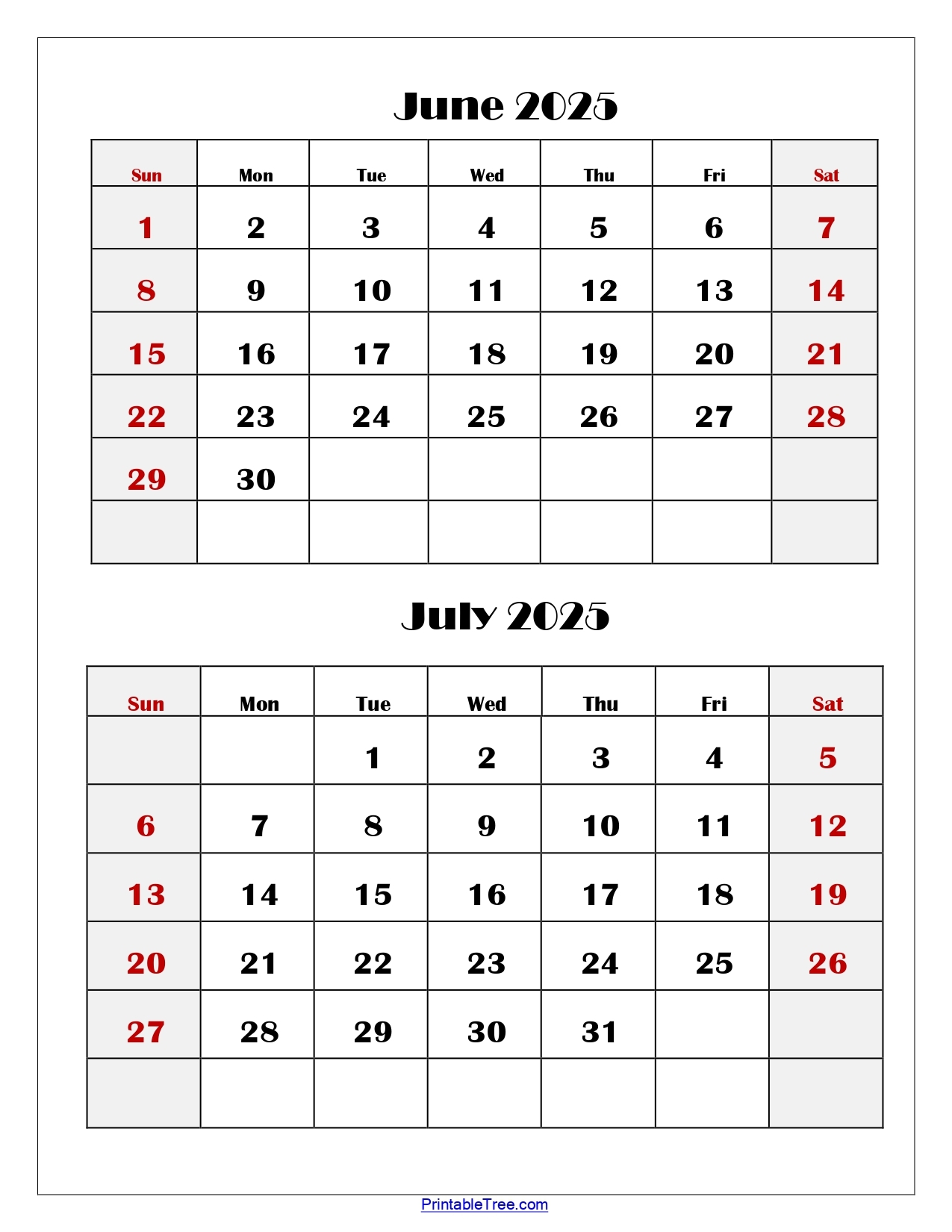 Printable Calendar July 2025 Through June 2026