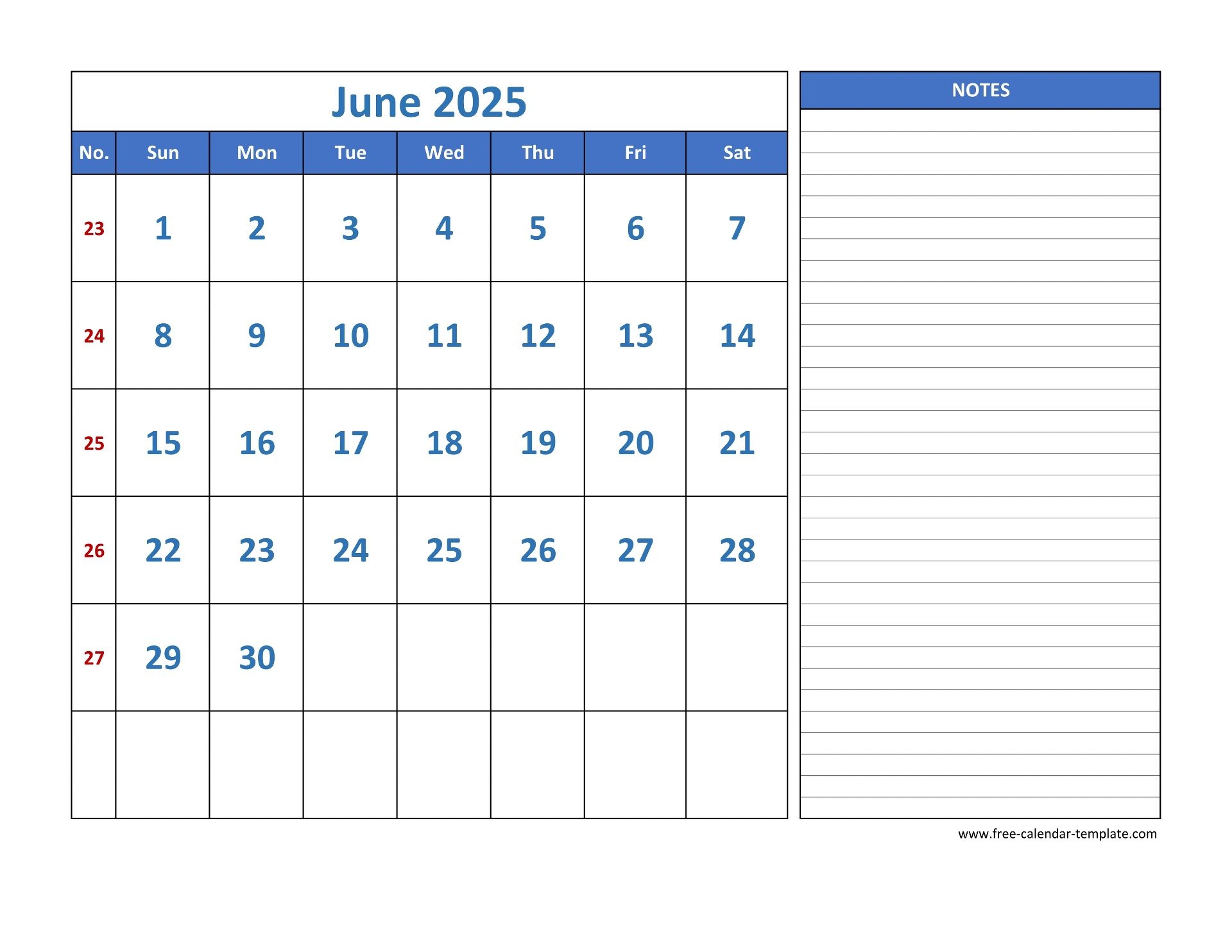 June Calendar 2025 Grid Lines For Holidays And Notes horizontal Free Calendar template