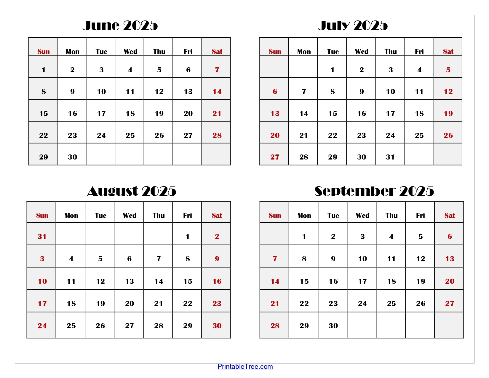 June To September 2025 Calendar Printable PDF Four Months Calendar
