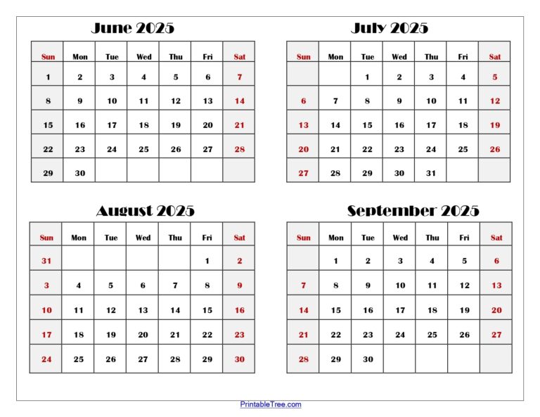June To September 2025 Calendar Printable PDF Four Months Calendar