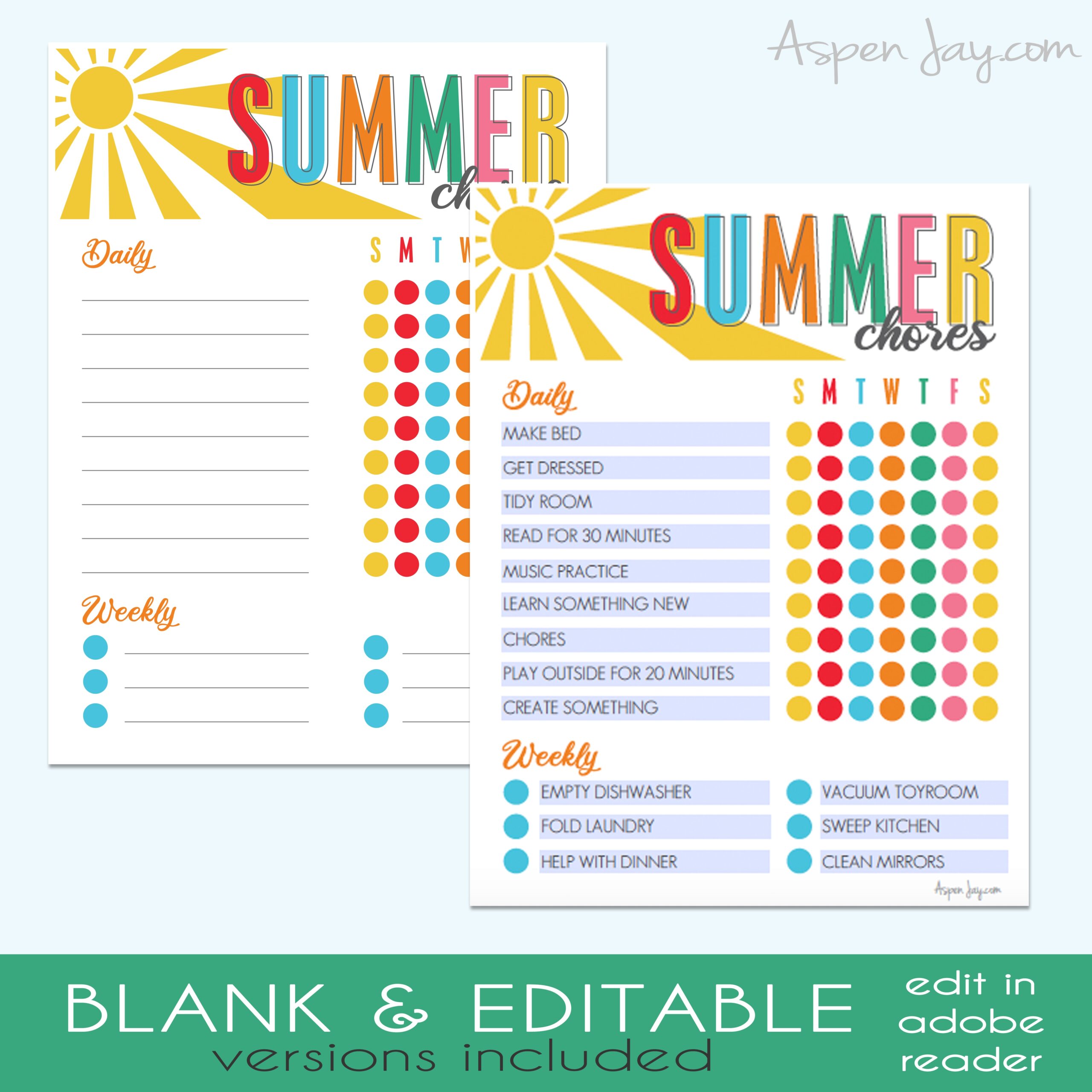 Kid s Summer Chore Chart Free Printable Aspen Jay