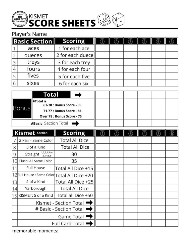 Kismet Score Sheets Printable PDF Kismet Score Cards Kismet Score Pads 8 5 X 11 Print Etsy