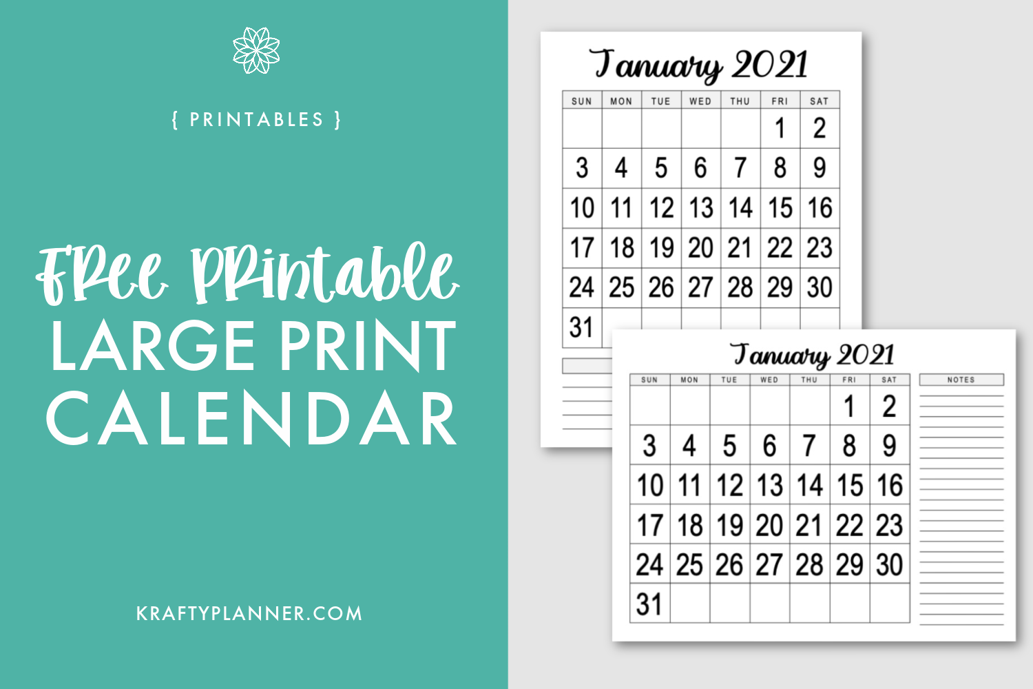 Large Print 2021 Calendar Free Printable Krafty Planner