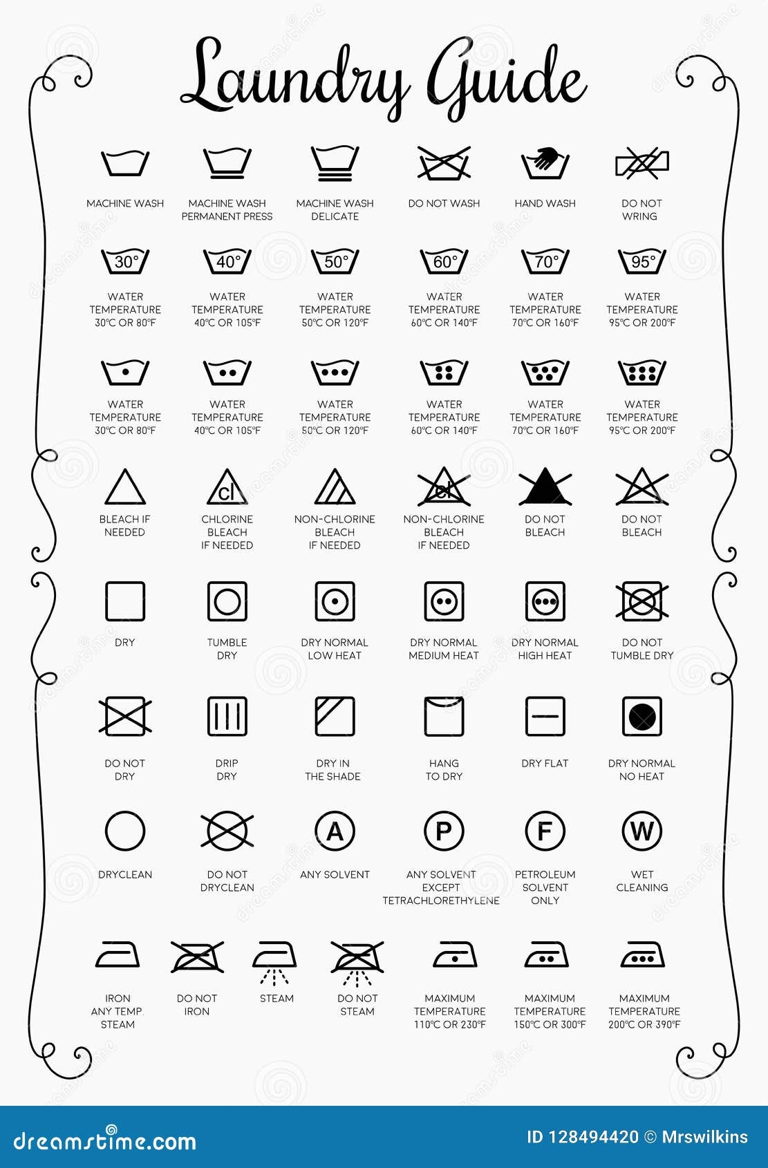 Laundry Symbols And Icons Set Vector Stock Illustration Illustration Of Bleach Hand 128494420