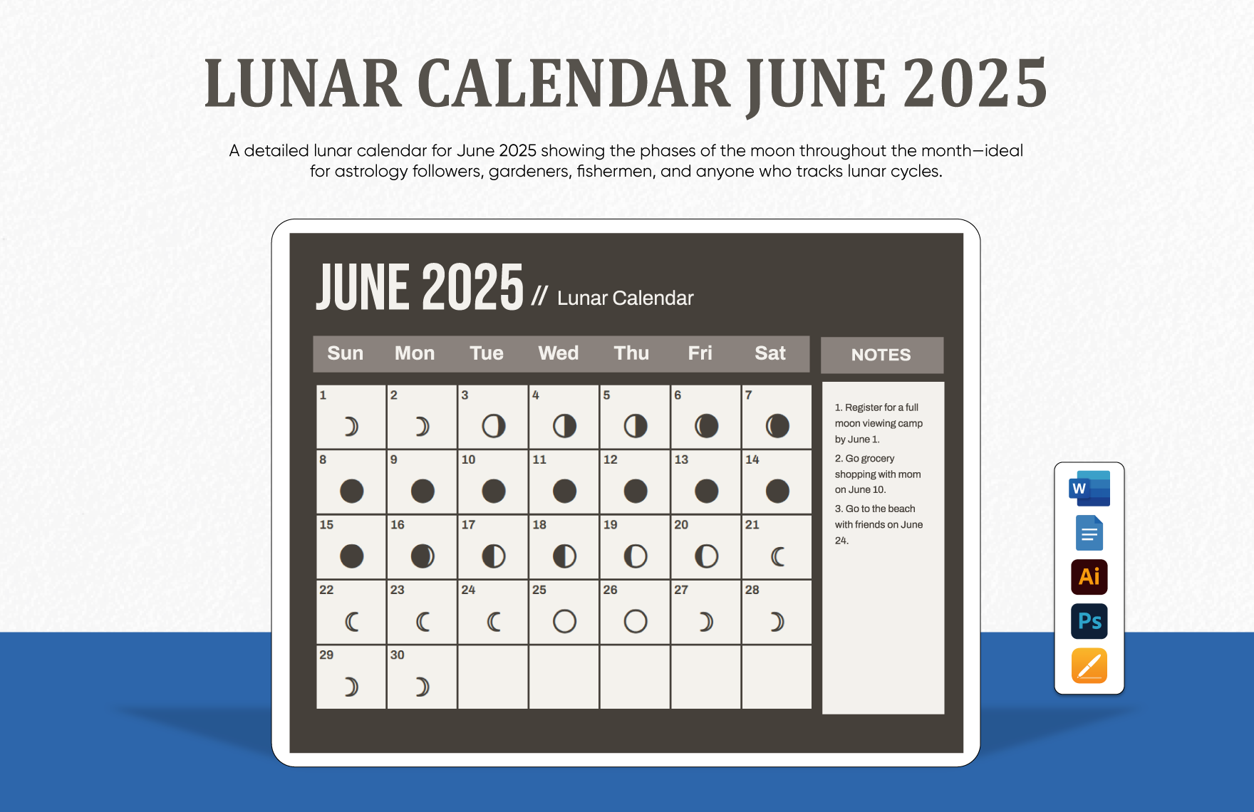 Lunar Calendar June 2025 In PSD Illustrator Word Apple Pages 
