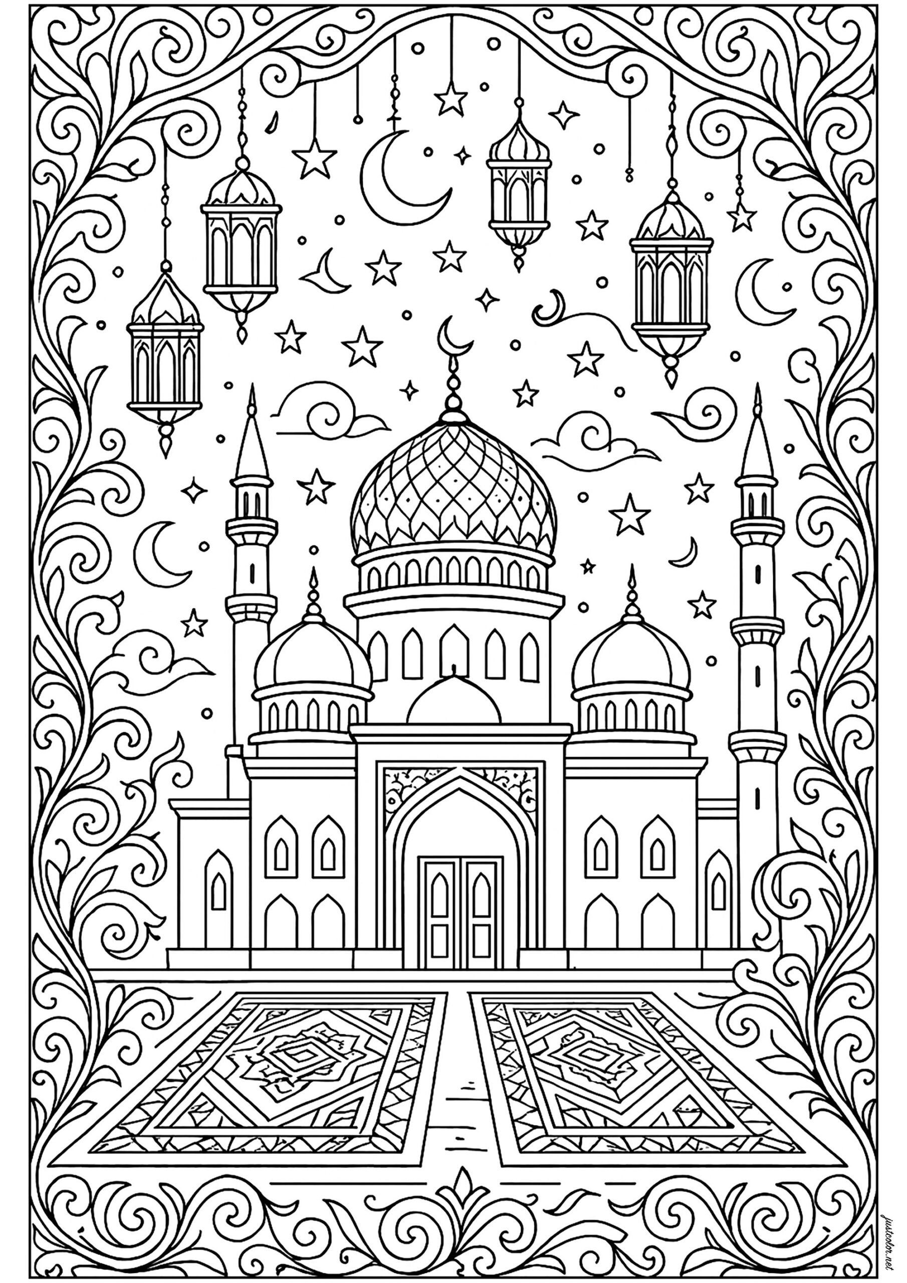 Majestic Mosque With Several Domes And Minarets Islam Coloring Pages