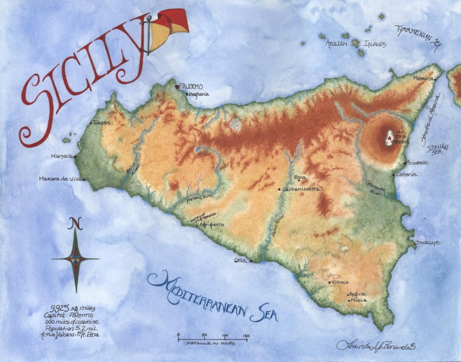 Map Of Sicily Italy Watercolor Photo Realistic Colored Pencils 