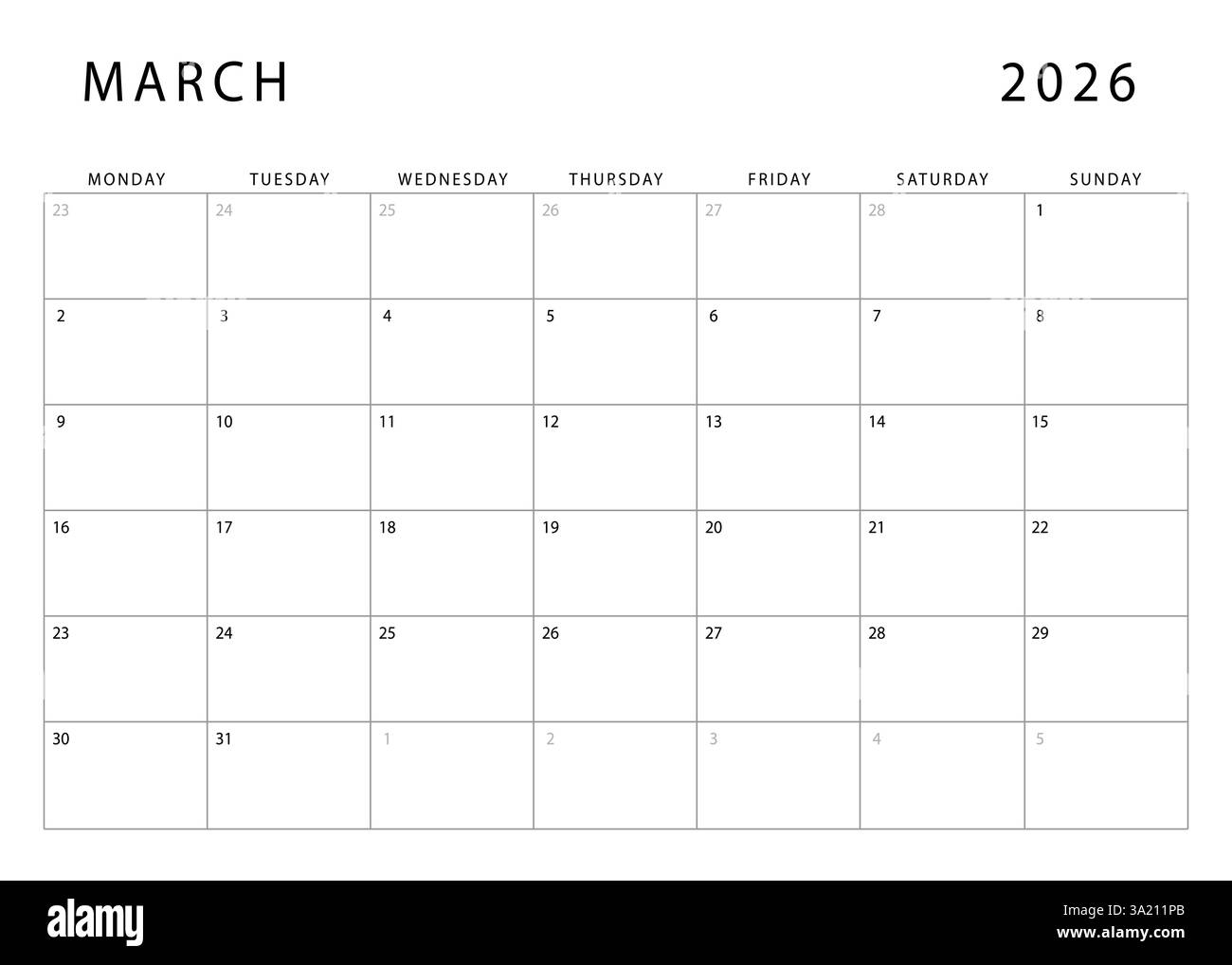 March 2026 Calendar Monthly Planner Template Monday Start Vector Design Stock Vector Image Art Alamy