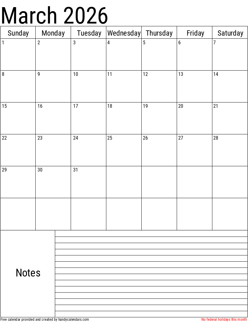 Printable March 2026 Calendar
