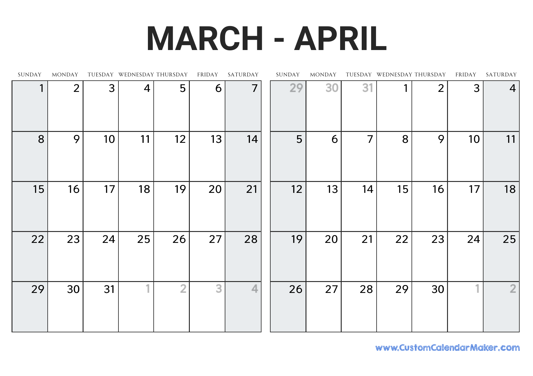 March And April 2026 Calendar Custom Calendar Maker