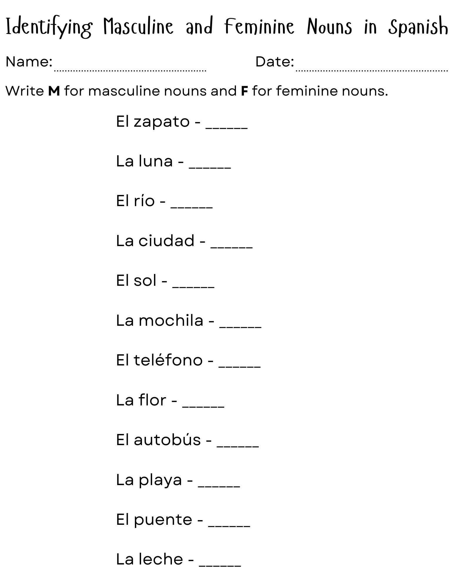 Masculine And Feminine Nouns In Spanish Worksheet Teaching Resources